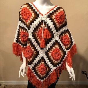 Handmade Orange Crochet Poncho with Fringe